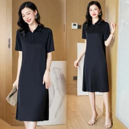 Birdtree 19MM 91.8% Real Silk Retro Elegant Dresses Women Short Sleeves Solid Lapel Basics Dress 2024 Spring New D3D950QM
