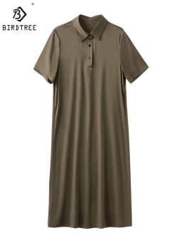 Birdtree 19MM 91.8% Real Silk Retro Elegant Dresses Women Short Sleeves Solid Lapel Basics Dress 2024 Spring New D3D950QM