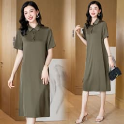 Birdtree 19MM 91.8% Real Silk Retro Elegant Dresses Women Short Sleeves Solid Lapel Basics Dress 2024 Spring New D3D950QM