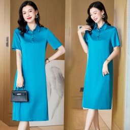 Birdtree 19MM 91.8% Real Silk Retro Elegant Dresses Women Short Sleeves Solid Lapel Basics Dress 2024 Spring New D3D950QM