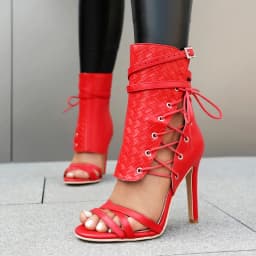 Plus Size Checkered Stripes Microfiber Cross Straps Sexy Sandals With Ankle Strap Buckle Ultra-High Slim Heel Peep Toe Sandals