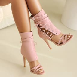Plus Size Checkered Stripes Microfiber Cross Straps Sexy Sandals With Ankle Strap Buckle Ultra-High Slim Heel Peep Toe Sandals
