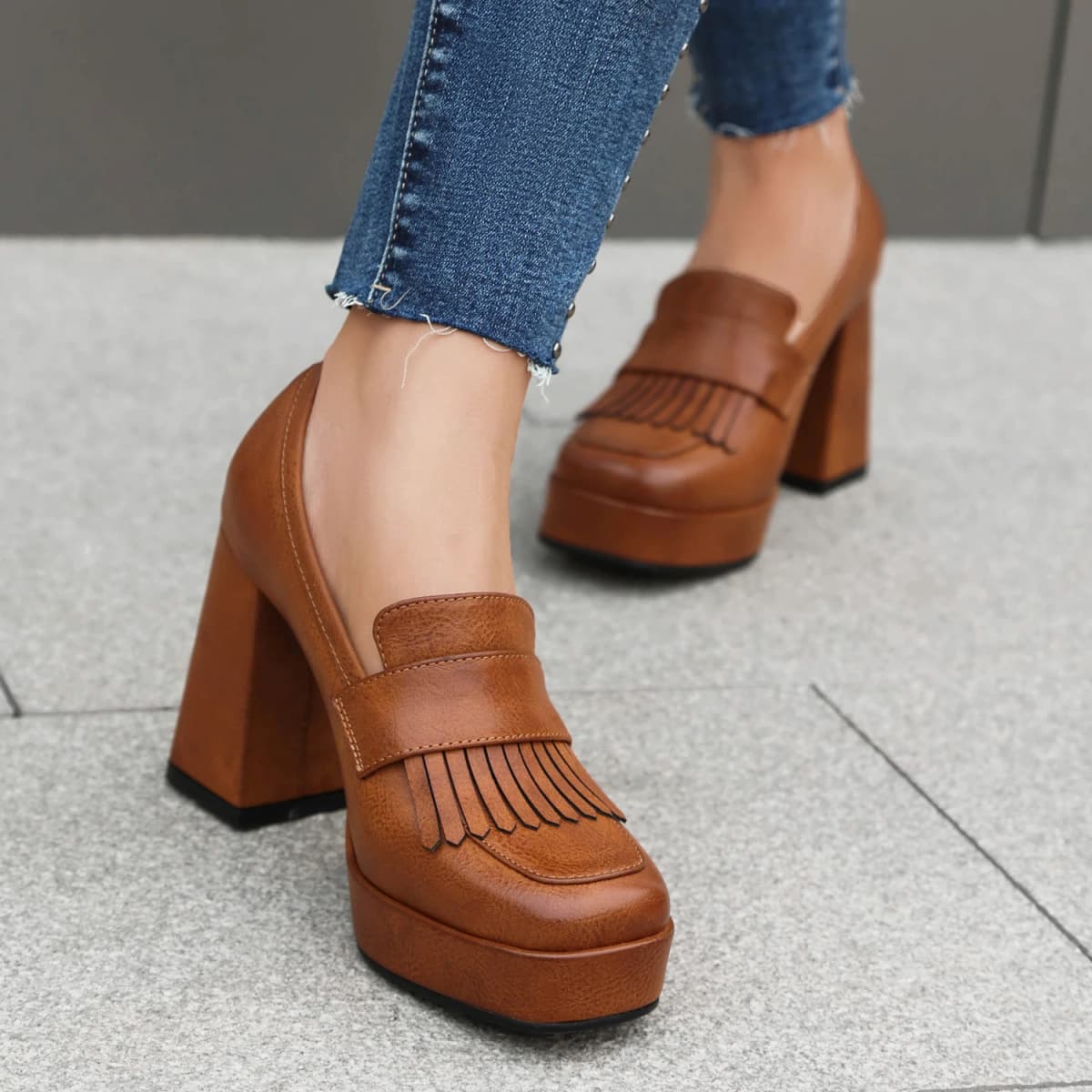 Square Tassel Ultra-High Thick Heel Simple Style Women's Pumps Waterproof Platform Sewing 2024 New Retro High Heels