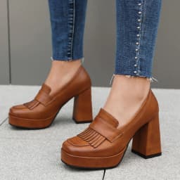 Square Tassel Ultra-High Thick Heel Simple Style Women's Pumps Waterproof Platform Sewing 2024 New Retro High Heels