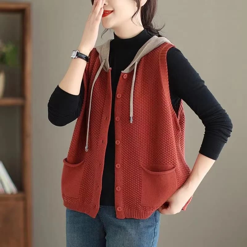 2026 New Hooded Knitted Vest Coat Women's Spring Autumn Sweater Sleeveless Jacket Design Sense Fashion Waistcoat Tide Female Top