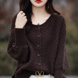 Women's 100% Cotton Sweater Round Collar Bat Sleeve Cardigan Autumn Winter Checkerboard Grid Warm Jacket Casual Knit Basic Tops