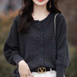Women's 100% Cotton Sweater Round Collar Bat Sleeve Cardigan Autumn Winter Checkerboard Grid Warm Jacket Casual Knit Basic Tops