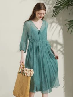 BirdTree 100%Real Silk Party Dress, Women 2 Piece Set Puff Sleeve, Printed Elegant French Fairy Dresses, 2026 Summer D42805QC