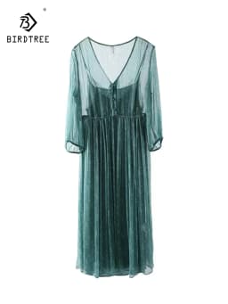 BirdTree 100%Real Silk Party Dress, Women 2 Piece Set Puff Sleeve, Printed Elegant French Fairy Dresses, 2026 Summer D42805QC