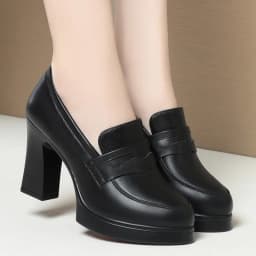 Fashion Comfortable Black Soft Leather Shoes Deep Mouth Spring 2024 Block Heels Shoes Women for Office Mom Model Versatile