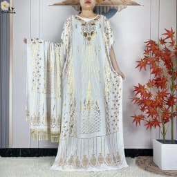 2023 New Muslim Summer Short Sleeve Robe Gold Stamping Boubou Maxi Women Femme Loose Dress With Big Scarf African Abaya Clothes