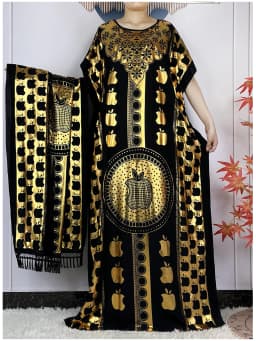 2023 New Muslim Summer Short Sleeve Robe Gold Stamping Boubou Maxi Women Femme Loose Dress With Big Scarf African Abaya Clothes