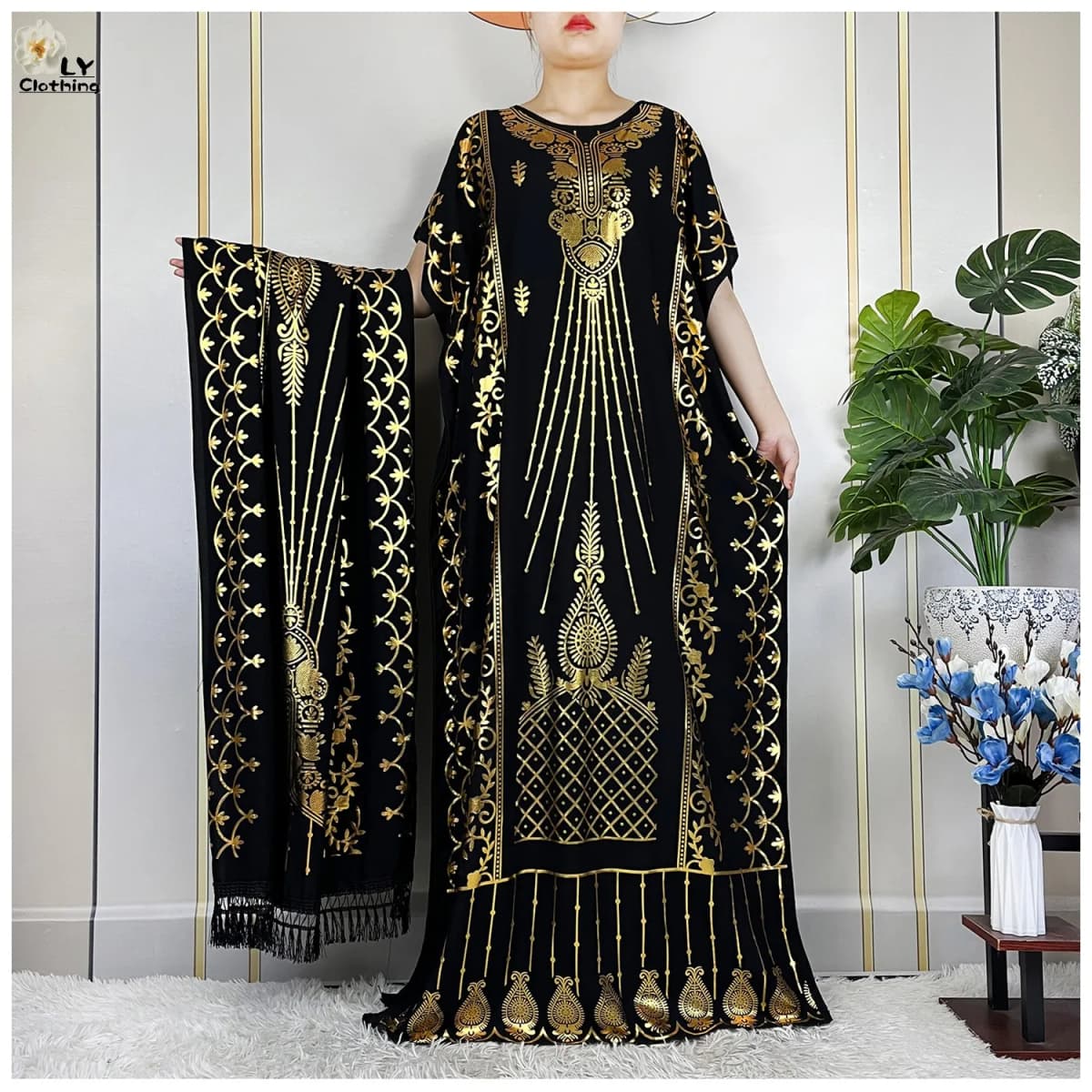 2023 New Muslim Summer Short Sleeve Robe Gold Stamping Boubou Maxi Women Femme Loose Dress With Big Scarf African Abaya Clothes