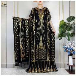 2023 New Muslim Summer Short Sleeve Robe Gold Stamping Boubou Maxi Women Femme Loose Dress With Big Scarf African Abaya Clothes
