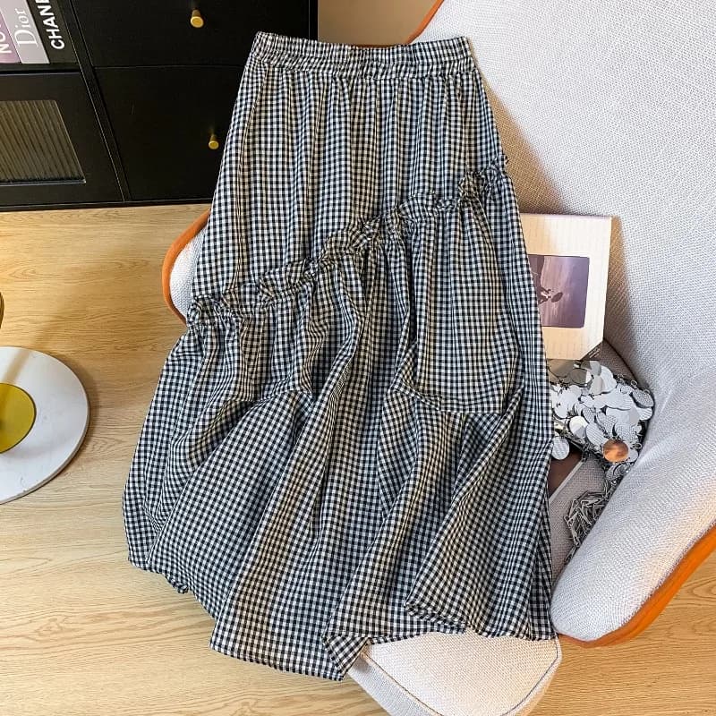 Summer New Elastic Waist Skirt Women Black and White Plaid Irregular A-line Thin High Waist Versatile Skirt Female