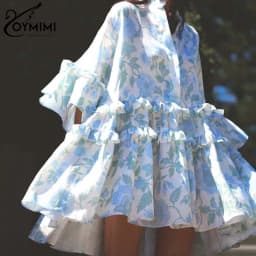 Oymimi Casual Blue Print Women's Dress Elegant Long Sleeve Ruffled Button Dresses Fashion Pleated Mini Dresses Female Clothing
