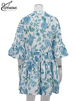 Oymimi Casual Blue Print Women's Dress Elegant Long Sleeve Ruffled Button Dresses Fashion Pleated Mini Dresses Female Clothing