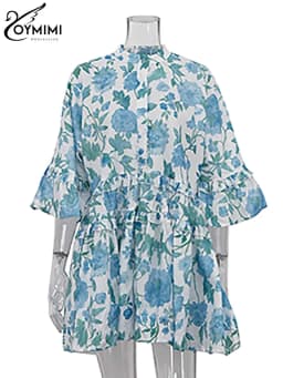 Oymimi Casual Blue Print Women's Dress Elegant Long Sleeve Ruffled Button Dresses Fashion Pleated Mini Dresses Female Clothing