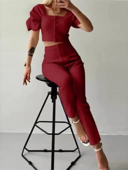 Elegant Women's Office Two Piece Sets Summer Fashion Solid Square Collar Single Breasted Short Sleeve Top & Long Pants Suit