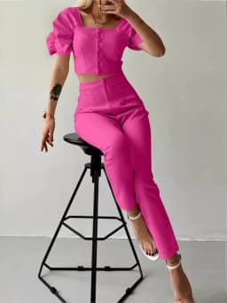 Elegant Women's Office Two Piece Sets Summer Fashion Solid Square Collar Single Breasted Short Sleeve Top & Long Pants Suit