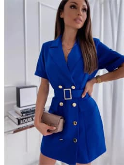 Elegant Women Solid Short Sleeve Mini Dress Summer Casual Lapel Blazer Dress Fashion Double Breasted Party Dresses With Belt