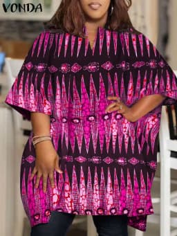 2024 VONDA Summer Women Bohemian Printed Blouses Vintage Shirts Tunic Tops Casual Half Sleeve Loose V-Neck Oversize Blusas Femme