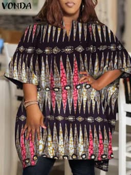 2024 VONDA Summer Women Bohemian Printed Blouses Vintage Shirts Tunic Tops Casual Half Sleeve Loose V-Neck Oversize Blusas Femme