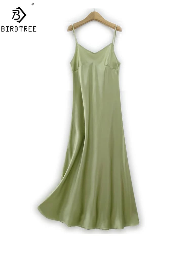 BirdTree, 17MM 100% Silk Elegant OL Dresses, Women Spaghetti Strap Color, Simplicity Vacation Party Dress, 2024 Summer D44156QM
