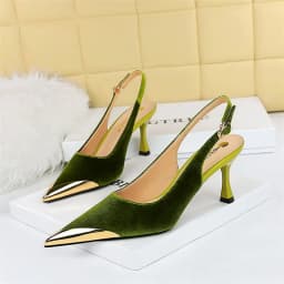 Elegant Women Green High Heel Velvet Pumps Wedding Party Slingback Sandals Metal Pointed Toe Hollow Buckle Wine Red Shoes