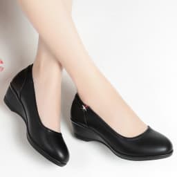 Spring Women Cute Stylish Round Toe Shallow Mouth Black Pu Leather Pumps Casual Comfort Wedge Heel Anti-slip Shoes