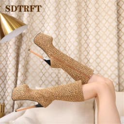SDTRFT Leopard Print Shoes Woman 19cm Thin Heels Knee-High Boots Round Toe Platform Botas Mujer Botas Pumps US14 15 16 17 18 19