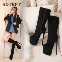 SDTRFT Leopard Print Shoes Woman 19cm Thin Heels Knee-High Boots Round Toe Platform Botas Mujer Botas Pumps US14 15 16 17 18 19