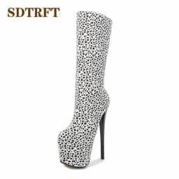 SDTRFT Leopard Print Shoes Woman 19cm Thin Heels Knee-High Boots Round Toe Platform Botas Mujer Botas Pumps US14 15 16 17 18 19