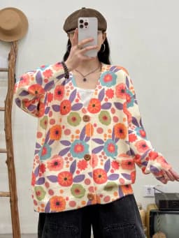 Amax LuluE 2026 Fall Womens Fashion Printed Loose Cardigans Casual V Neck Sweaters Ladies Korean Luxury Classic Cartoon Knitwear