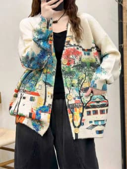 Amax LuluE 2026 Fall Womens Fashion Printed Loose Cardigans Casual V Neck Sweaters Ladies Korean Luxury Classic Cartoon Knitwear