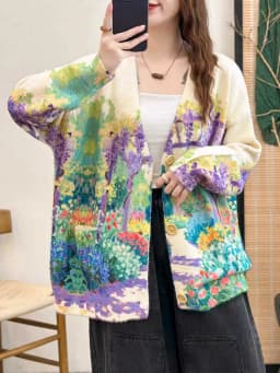 Amax LuluE 2026 Fall Womens Fashion Printed Loose Cardigans Casual V Neck Sweaters Ladies Korean Luxury Classic Cartoon Knitwear