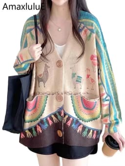 Amax LuluE 2026 Fall Womens Fashion Printed Loose Cardigans Casual V Neck Sweaters Ladies Korean Luxury Classic Cartoon Knitwear