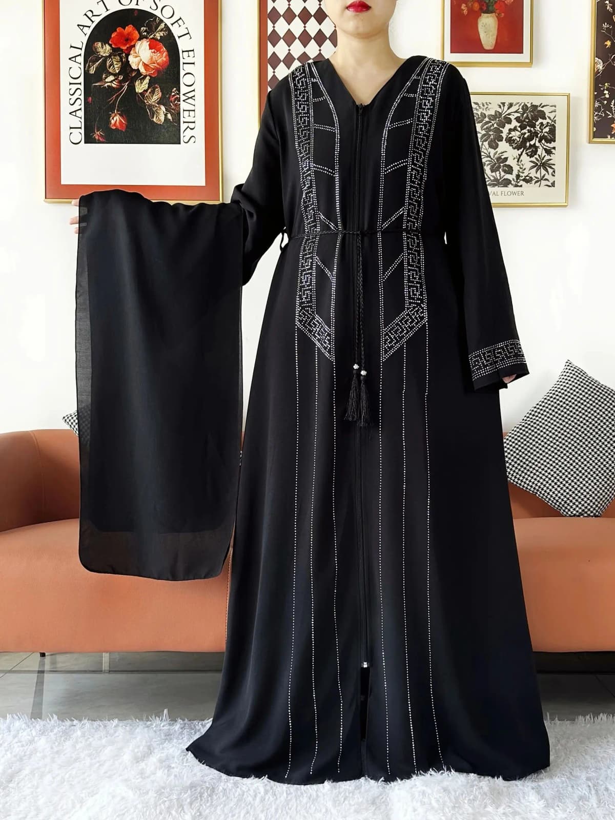 New Women Elegant Dress Chiffon Open Abaya with Zipper Muslim Women Dress Islamic Clothing Cardigan Abaya Women Muslim Dress