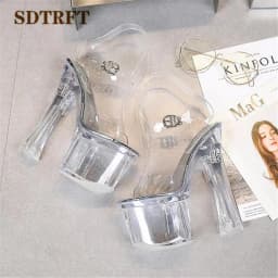 SDTRFT Fashion stilettos Crossdresser Sandals 18cm thick heels transparent platforms shoes woman Ankle Strap pumps CD Sandalias