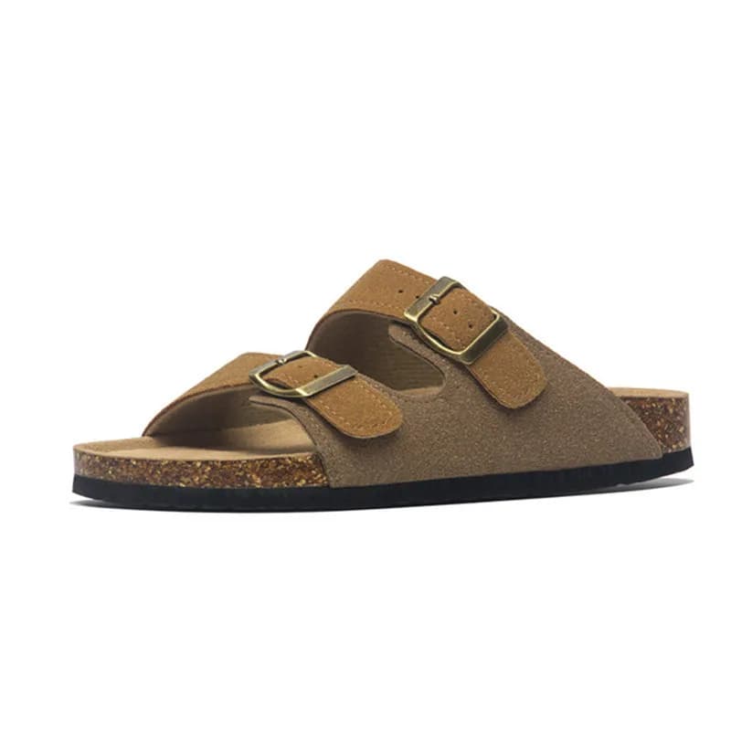 2027 New Summer Men's Cork Slippers Suede Leather Mule Clogs Slippers Man Soft Cork Two Buckle Beach Slides Footwear For Men 45
