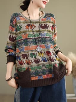 Amax luluE 2024 Fall Womens Fashion Printed Loose Sweaters Cartoon Knitted Clothes Ladies Casual O Neck Pullover Classic Jumpers