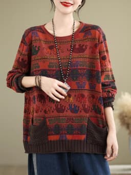 Amax luluE 2024 Fall Womens Fashion Printed Loose Sweaters Cartoon Knitted Clothes Ladies Casual O Neck Pullover Classic Jumpers