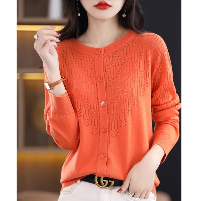 Spring Autumn Women Wool Blend Sweater O-neck Hollow Out Cardigan New Fashion Casual Knitted Slim Soft Jacket Bottoming Tops