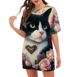 New 2023 Women Dresses Fashion Pattern O-Neck Cartoon Cat Floral Print Dress Summer Trend Casual Short Sleeve Party Ladies Dress