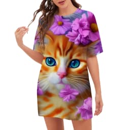 New 2023 Women Dresses Fashion Pattern O-Neck Cartoon Cat Floral Print Dress Summer Trend Casual Short Sleeve Party Ladies Dress