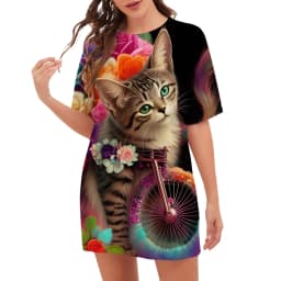 New 2023 Women Dresses Fashion Pattern O-Neck Cartoon Cat Floral Print Dress Summer Trend Casual Short Sleeve Party Ladies Dress