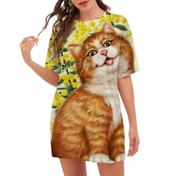 New 2023 Women Dresses Fashion Pattern O-Neck Cartoon Cat Floral Print Dress Summer Trend Casual Short Sleeve Party Ladies Dress