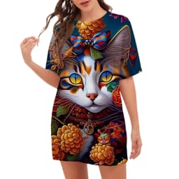 New 2023 Women Dresses Fashion Pattern O-Neck Cartoon Cat Floral Print Dress Summer Trend Casual Short Sleeve Party Ladies Dress