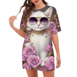 New 2023 Women Dresses Fashion Pattern O-Neck Cartoon Cat Floral Print Dress Summer Trend Casual Short Sleeve Party Ladies Dress