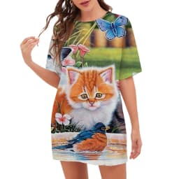 New 2023 Women Dresses Fashion Pattern O-Neck Cartoon Cat Floral Print Dress Summer Trend Casual Short Sleeve Party Ladies Dress